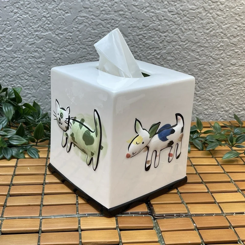 Vintage Jenny Faw Ceramic Tissue Box Cover Whimsical Cat Dog White 1990s 3D Y2K
